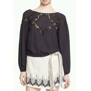 Free People Geometry Lesson Black Lace Bishop Statement Sleeve Peasant Blouse